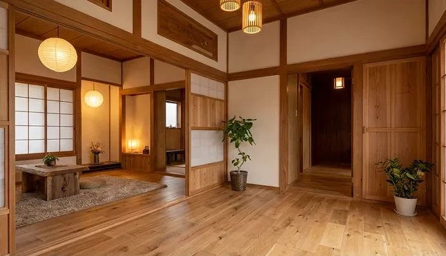  無垢材の床と真新しい木枠が、温かく柔らかな光を反射する心地よい和モダン空間