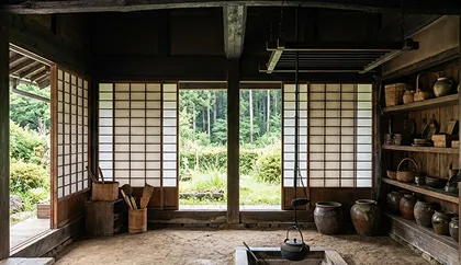 採光が限られ、古材の梁が隠れて天井も低く、全体に薄暗く重い印象の部屋